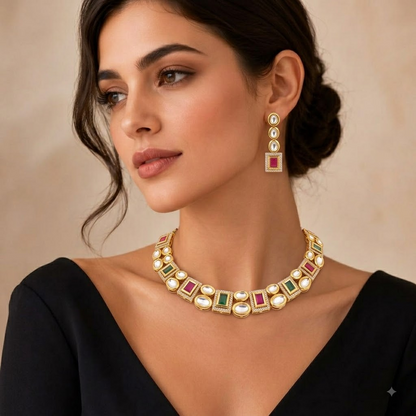 Red Green Kundan Necklace Set