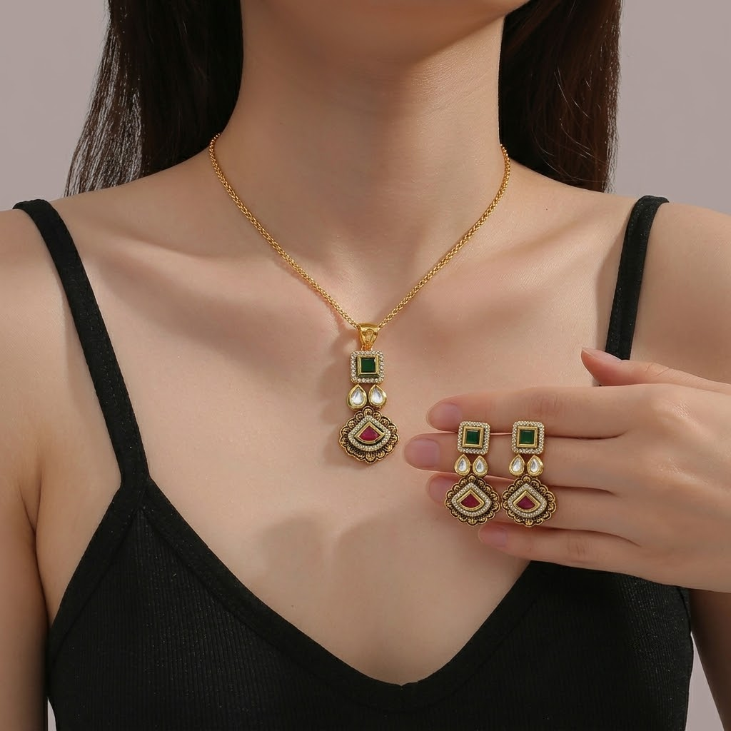Square Drop Polki Pendant