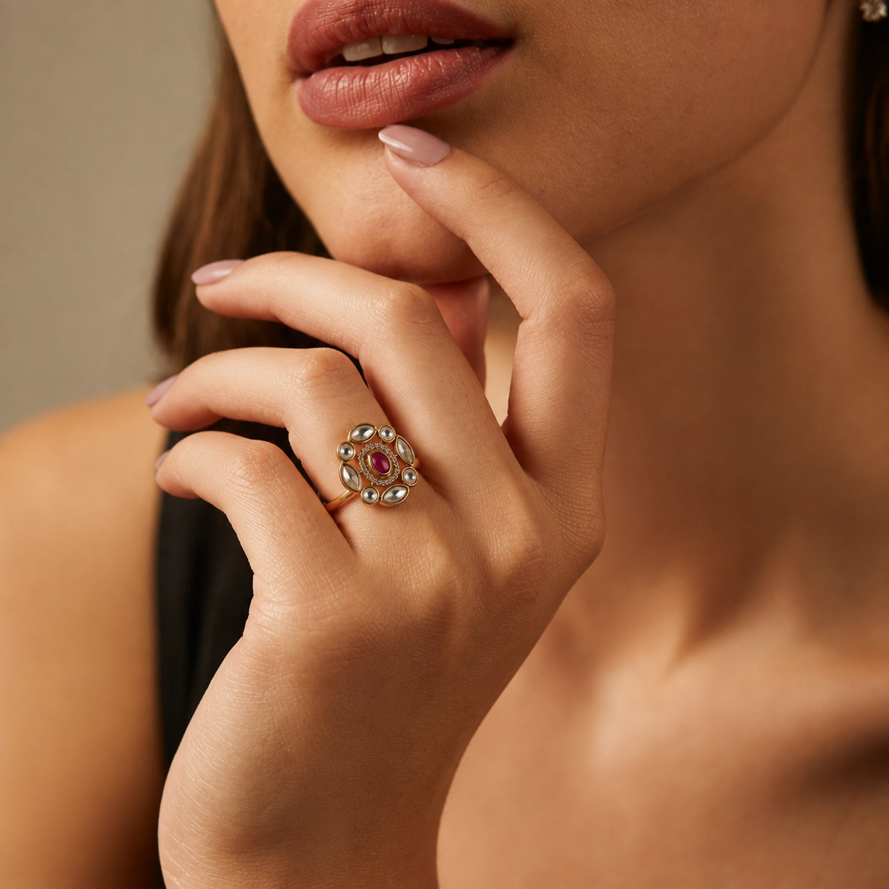 Pink Teardrop Polki Ring