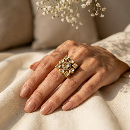 Square Floral Kundan Ring